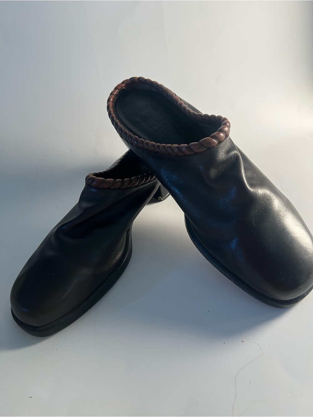 Women’s Cole Hann Dark Brown Slip-On Leather Mules with Brown Trim Size 9